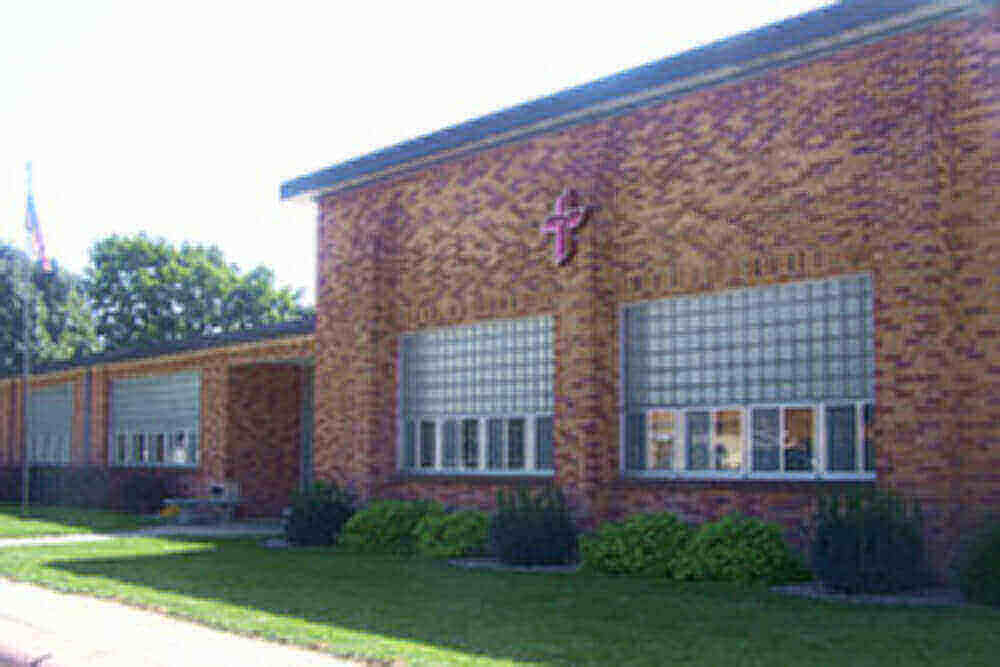 Outside of school building in Deshler, Nebraska